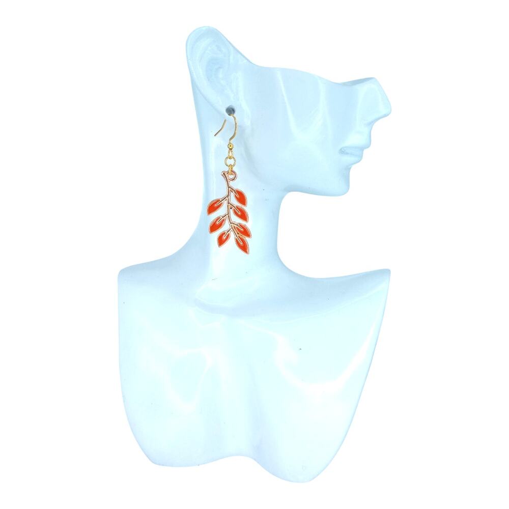 Orange leaf branch dangle earrings — fall autumn jewelry - Picture 4 of 4